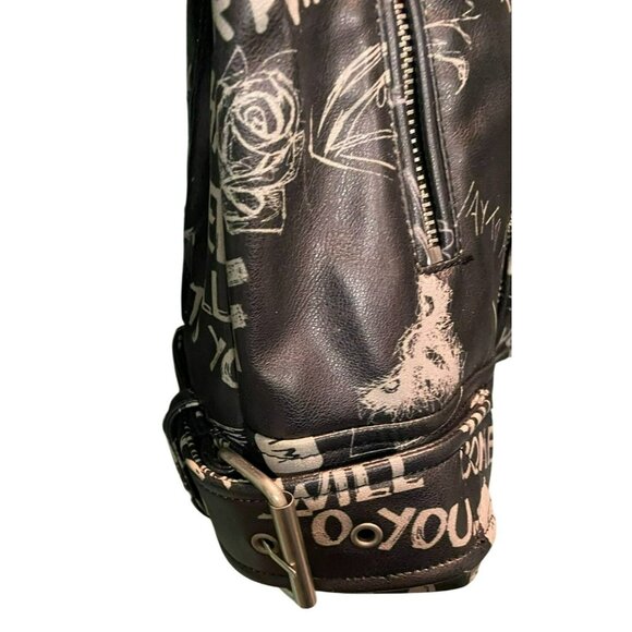 Rare ZARA Womens XL Black Faux Leather Graphic Graffiti Biker Jacket with Zipper - Picture 4 of 11